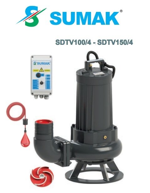 Sumak SDTV 150/4 15Hp 380V Açık Fanlı Pis Su Dalgıç Pompa (4\'\' Çıkışlı-Vortex Çarklı)
