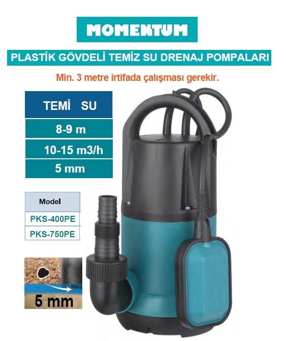 MOMENTUM PKS-400PE 400W 220V Plastik Gövdeli Temiz Su Drenaj Pompası