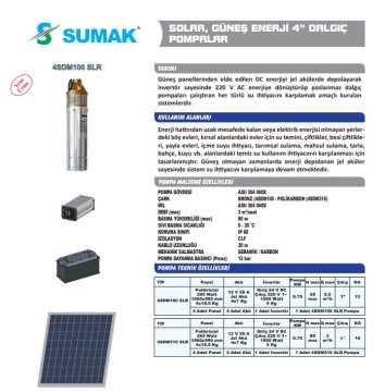 Sumak 4SDM100 SLR   4'' Paslanmaz Dalgıç Pompalı Panelli Solar Sulama Sistemi
