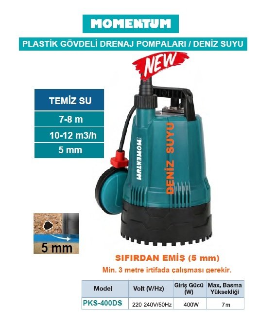 Momentum PKS-400DS  400W 220V Plastik Gövdeli Sıfırdan Emişli Deniz Suyu / Temiz Su Drenaj Dalgıç Pompa