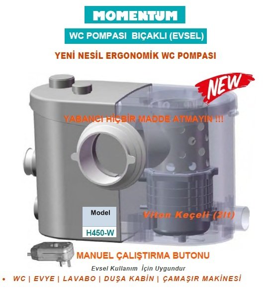 Momentum H450-W 450W 220V WC Tuvalet Pompası - BIÇAKLI (wc,evye, lavabo, duşakabin, çamaşır makinesi) EVSEL