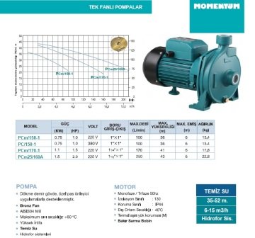 Momentum PCm25/160A 2Hp 220v Tek Fanlı Santrifüj Pompa