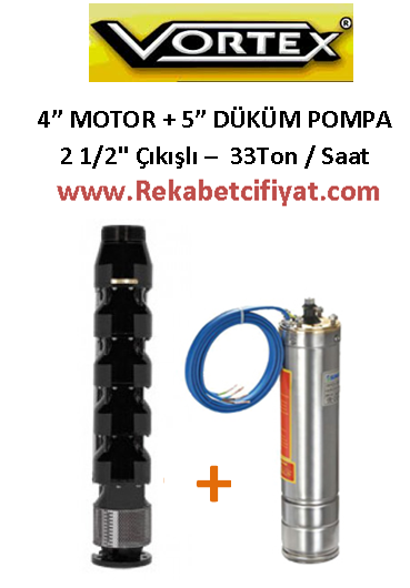 VORTEX B-05 4HP 380V 4'' Motorulu + 5'' Döküm Gövdeli Derin Kuyu Dalgıç Pompa