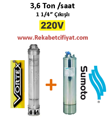 4 GM - 14 1HP 220V Vortex Pompa+Sumoto Motor Derin Kuyu Dalgıç Pompası