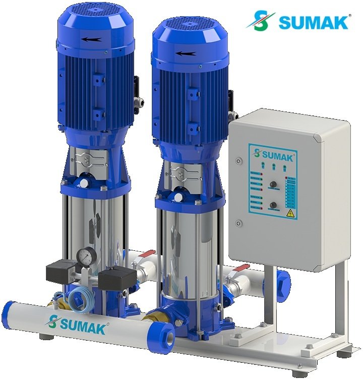 Sumak SHTPD8 B 220/8 2X1.6kW 380V Çift Pompalı Düşey Milli Paslanmaz Çark ve Difüzörlü Kademeli İnline Hidrofor