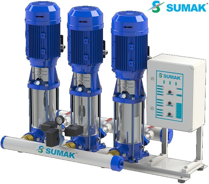Sumak SHTPD8 C 400/12 3X3kW 380V Üç Pompalı Düşey Milli Paslanmaz Çark ve Difüzörlü Kademeli İnline Hidrofor