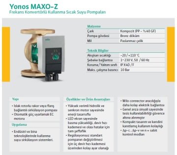 Wilo Yonos MAXO-Z 50/0.5-9  220V  DN 50 Frekans Konvertörlü Kullanma Sıcak Su Sirkülasyon Pompası