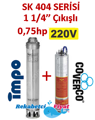 SK 404-07 0.75HP 220V 1 1/4'' Çıkışlı Sondaj Dalgıç Pompa İmpo Pompa - Coverco Motor(Pompa krom başlıklıdır.)