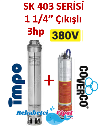 SK 403-30 3HP 380V 1 1/4'' Çıkışlı Sondaj Dalgıç Pompa İmpo Pompa - Coverco Motor(Pompa krom başlıklıdır.)