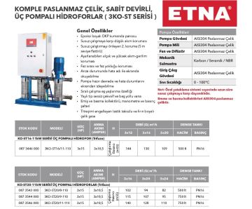 Etna 3KO-ST20/9-110  3x15Hp 380V Üç Pompalı Komple Paslanmaz Çelik Dik Milli Sabit Devirli Panolu Hidrofor (Aisi 304)