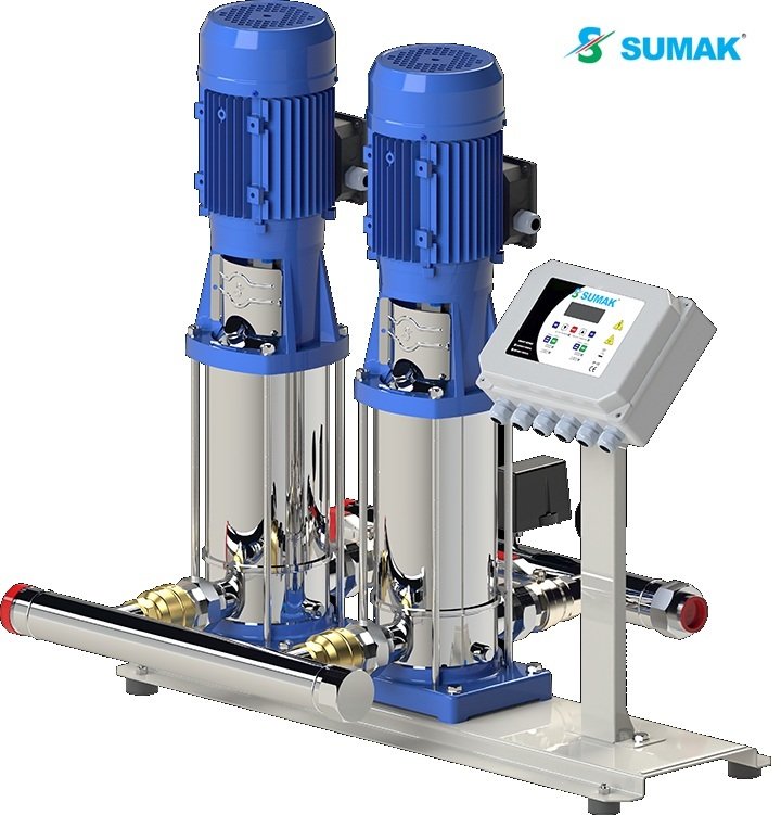 Sumak SHTP8B 220/8 SMART 2X1.6 kW 380V Çift Pompalı Düşey Milli Komple Paslanmaz Dijital Panolu İnline Kademeli Hidrofor