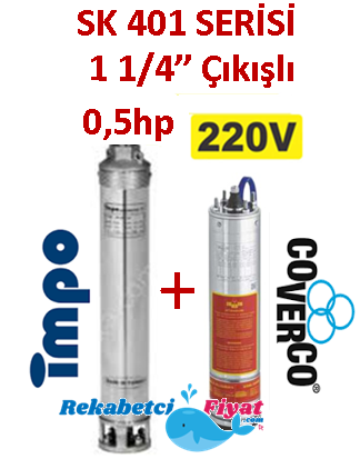 SK 401-13 0,5HP 220V 1 1/4'' Çıkışlı Sondaj Dalgıç Pompa İmpo Pompa - Coverco Motor (Pompa krom başlıklıdır.)