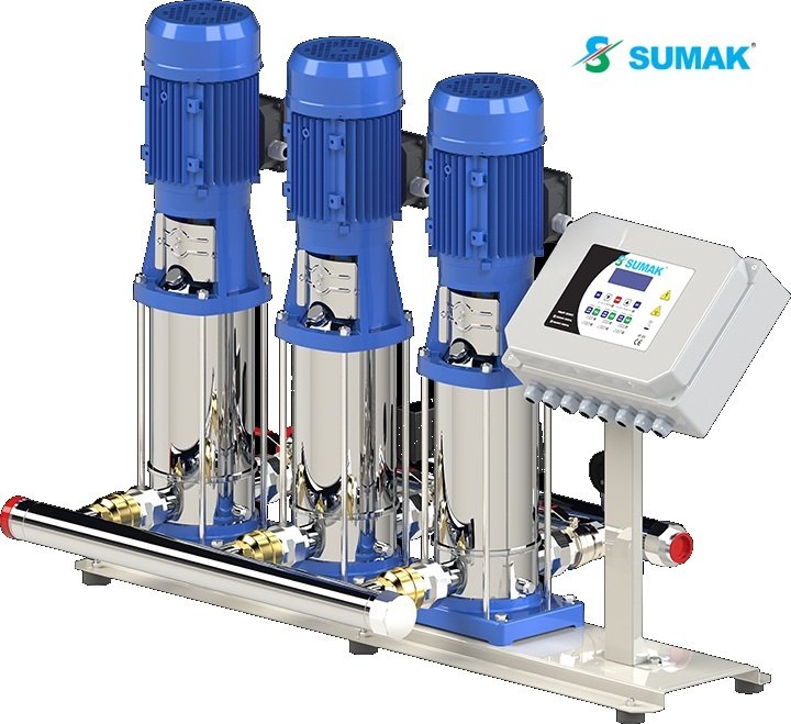 Sumak SHTP8C 400/12 SMART 3X3 kW 380V Üç Pompalı Düşey Milli Komple Paslanmaz Dijital Panolu İnline Kademeli Hidrofor