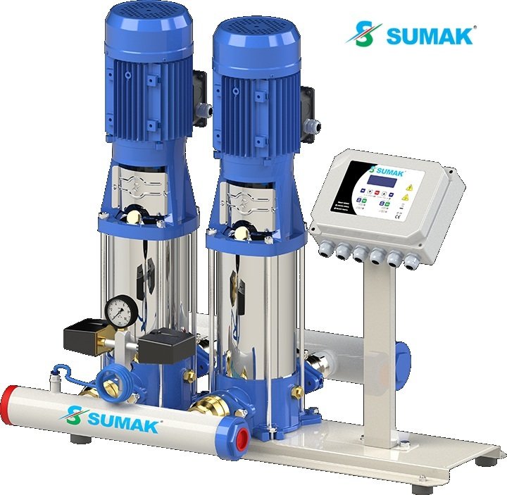 Sumak SHTPD8B 300/10 SMART 2X2.2 kW 380V Çift Pompalı Düşey Milli Paslanmaz Çark ve Difüzörlü Dijital Panolu Kademeli İnline Hidrofor