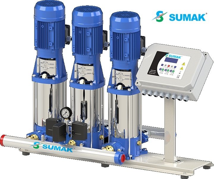 Sumak SHTPD8C 220/8 SMART 3X1.6 kW 380V Üç Pompalı Düşey Milli Paslanmaz Çark ve Difüzörlü Dijital Panolu Kademeli İnline Hidrofor