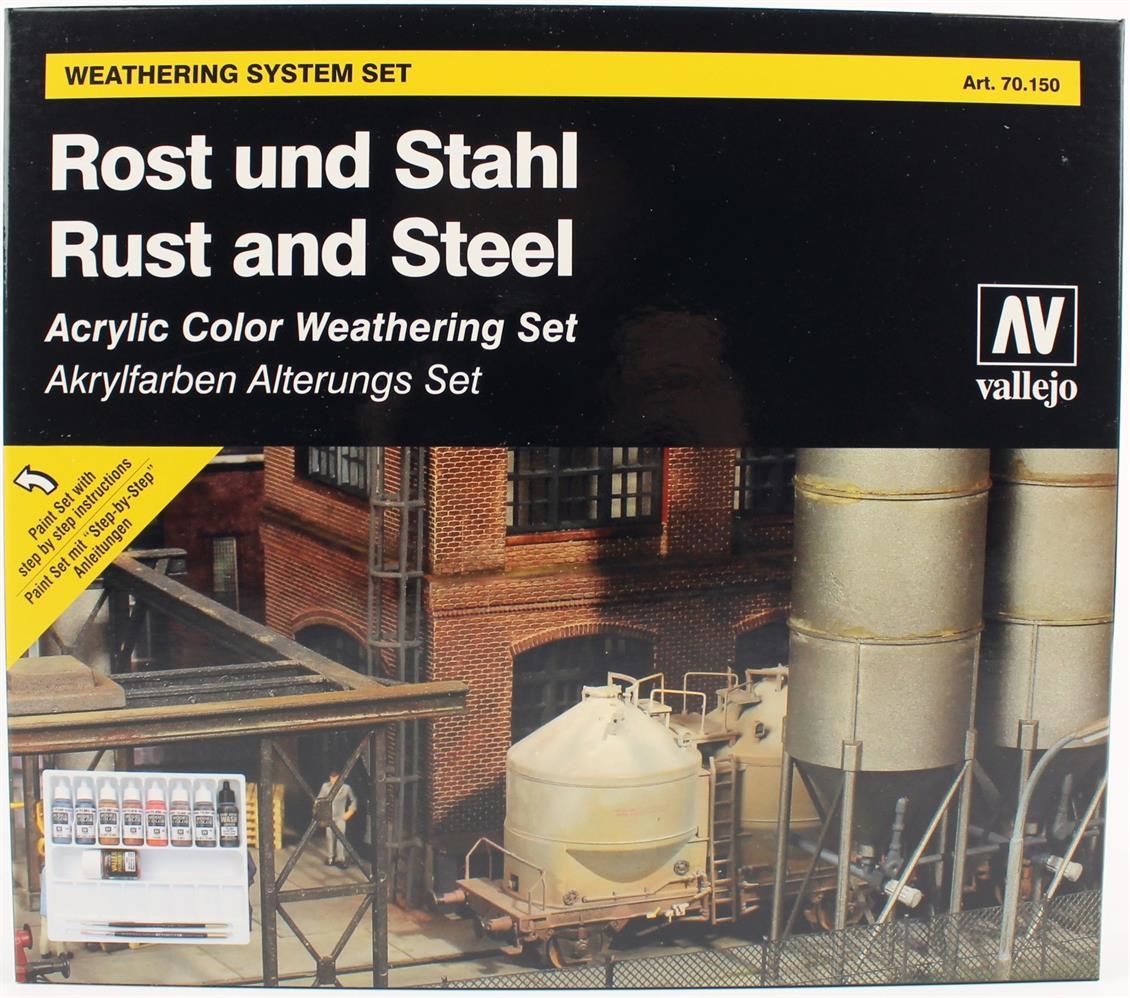 Vallejo 70150 9x17 ml. Efekt Seti, Rust, Steel ve 2 Fırça, Model Color Serisi Model Boyası Seti