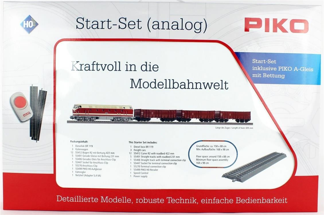 Starter Set “Alex” Hercules Diesel loco w. 2 passenger cars, PIKO A-Track w. Railbed