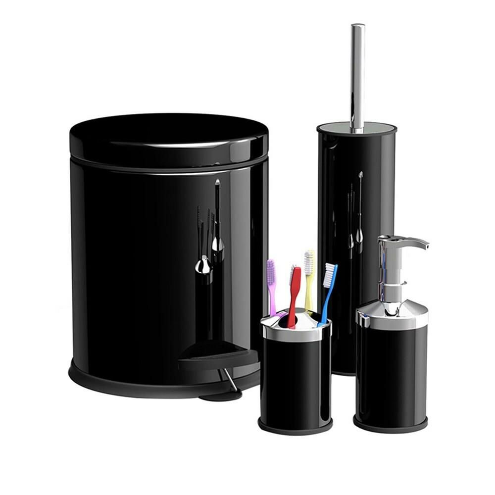 Zethome Siyah Dörtlü Banyo Seti (Çöp Kovası-Fırça-Sabunluk-Diş Fırçalık)