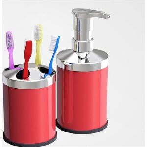 Zethome Kırmızı Dörtlü Banyo Seti (Çöp Kovası-Fırça-Sabunluk-Diş Fırçalık)
