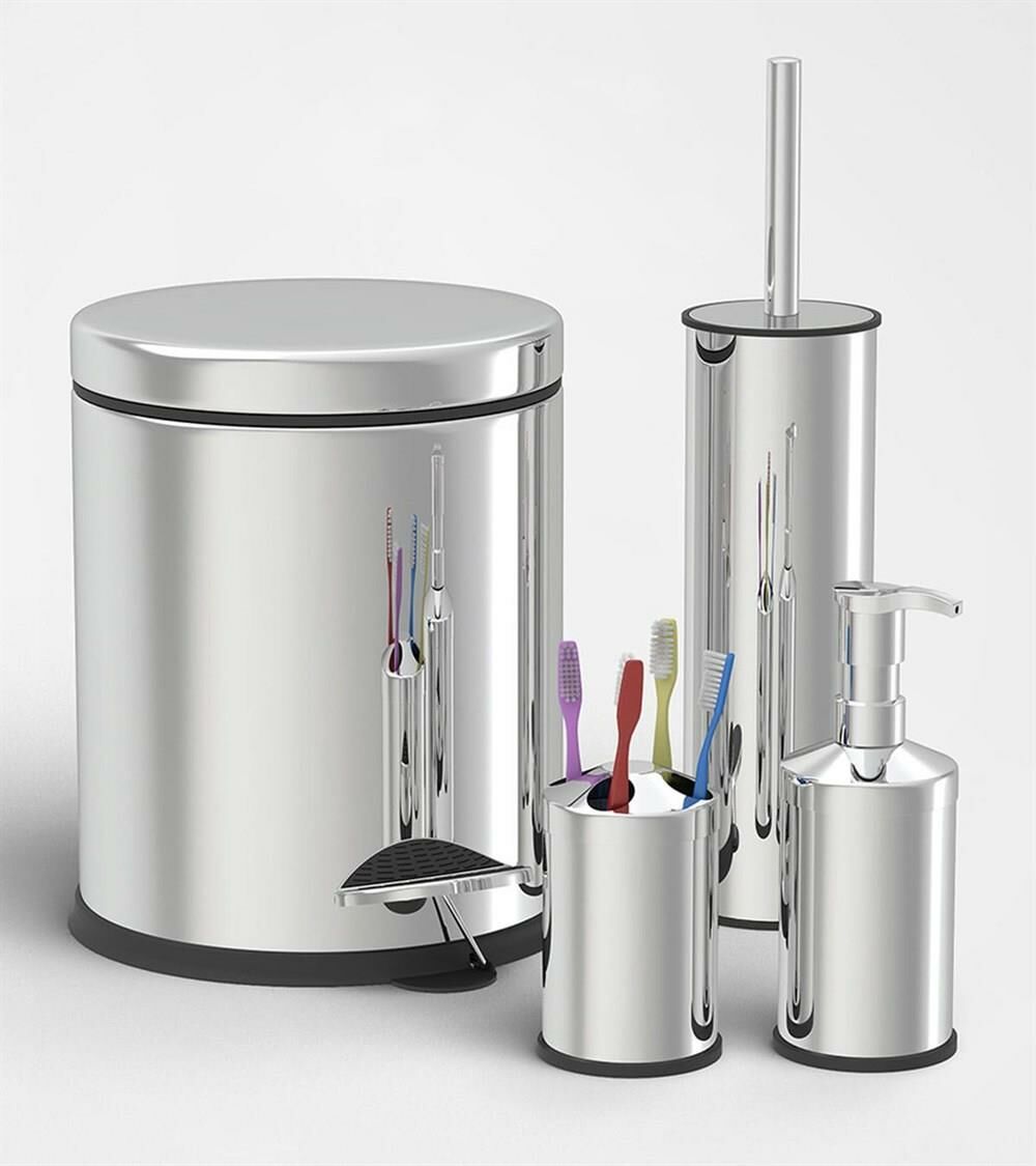 Zethome Krom Dörtlü Banyo Seti (Çöp Kovası-Fırça-Sabunluk-Diş Fırçalık)