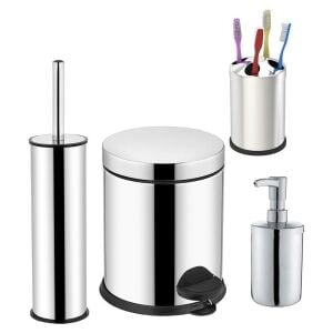Zethome Krom Dörtlü Banyo Seti (Çöp Kovası-Fırça-Sabunluk-Diş Fırçalık)