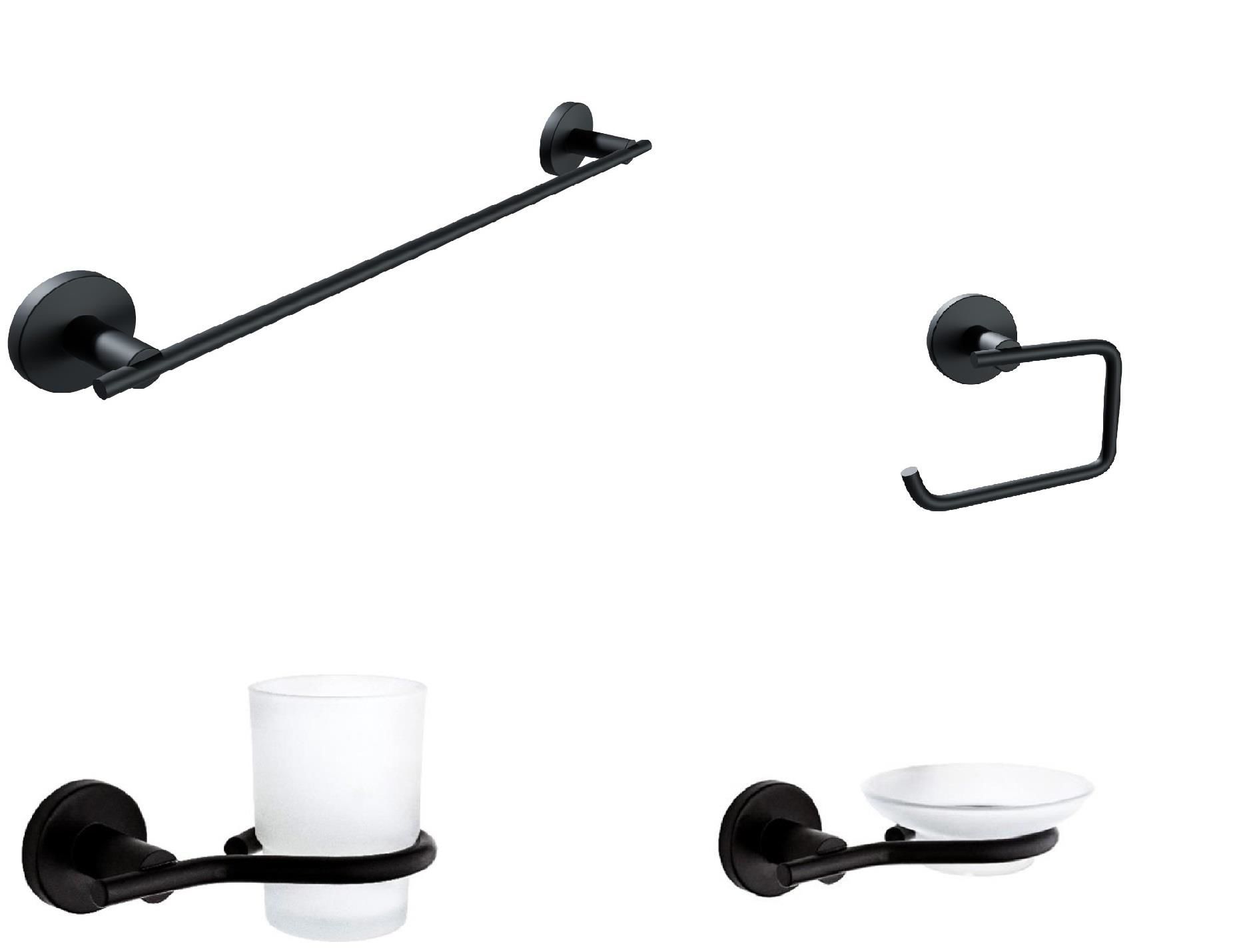 Nero Siyah 4 Parça Paslanmaz Duvara Monte Havluluk-Kağıtlık-Sabunluk-Diş Fırçalık Seti