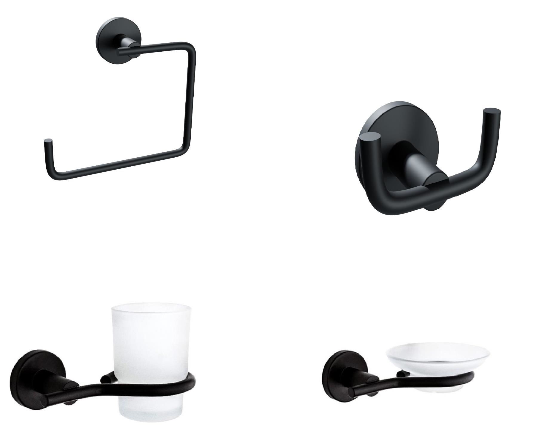 Nero Siyah 4 Parça Paslanmaz Duvara Monte Kare Havluluk-Kağıtlık-Sabunluk-Diş Fırçalık Seti
