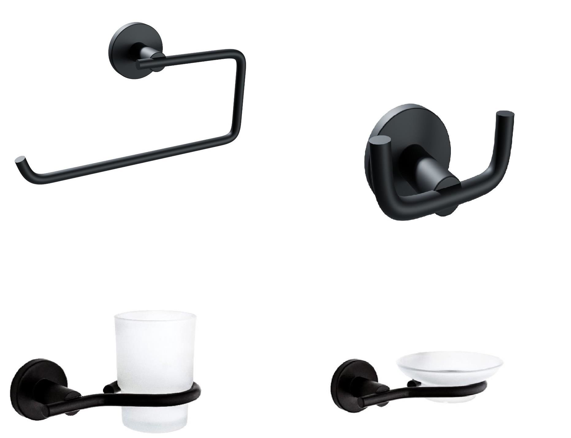 Nero Siyah 4 Parça Paslanmaz Duvara Monte Solo Kağıt Havluluk-Askılık-Sabunluk-Diş Fırçalık Seti