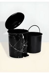 Zethome Paslanmaz Metal Siyah Mermer Desen Ikili Banyo Seti (Çöp Kovası-Tuvalet Fırçası)