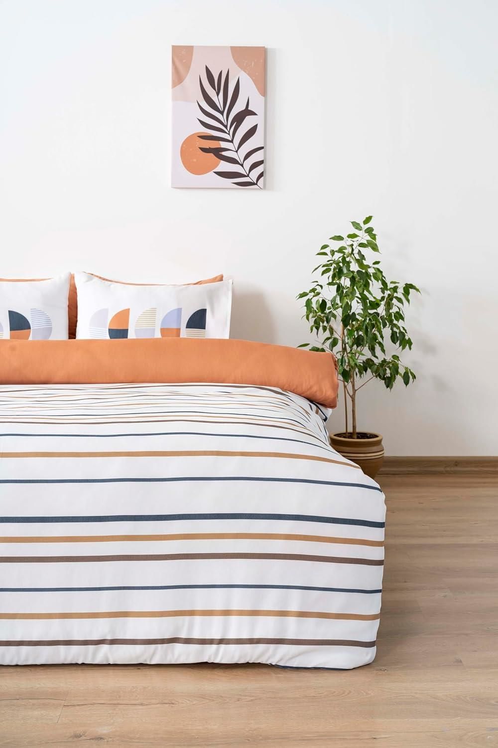 Çizgili Çift Kişilik Nevresim Takımı Pamuklu Desenli Aren 200x215 cm