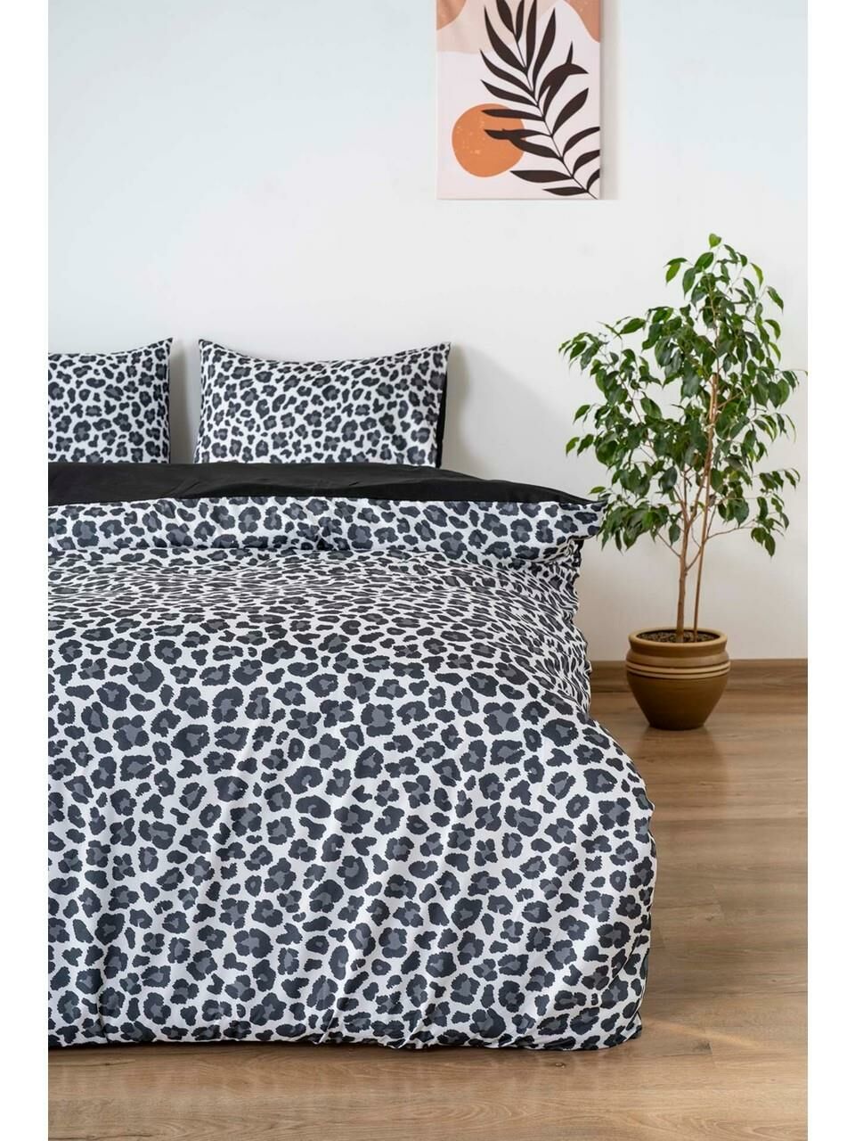 Siyah Çift Kişilik Nevresim Takımı Pamuklu Desenli Leopar Siyah 200x215 cm