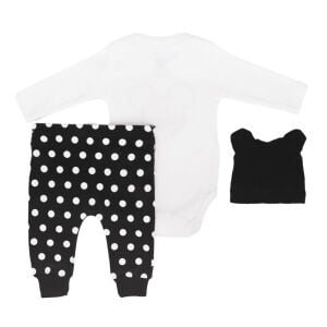 Kız Bebek Beyaz Siyah Puanlı Minili Fiyonklu Bereli 3'lü Takım