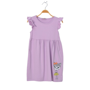 Kız Çocuk Lila Kolları Fırfırlı Kedi Baskılı Elbise