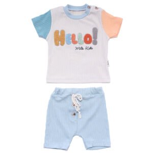 Erkek Bebek Renkli Mavi Şortlu Hello Yazılı Fitilli 2'li Takım