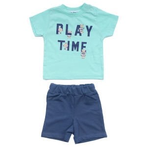 Erkek Bebek Turkuaz Mavi Play Time Yazılı Şortlu 2'li Takım