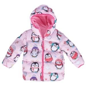 Kız Çocuk Pembe Penguen Desenli Şişme Mont