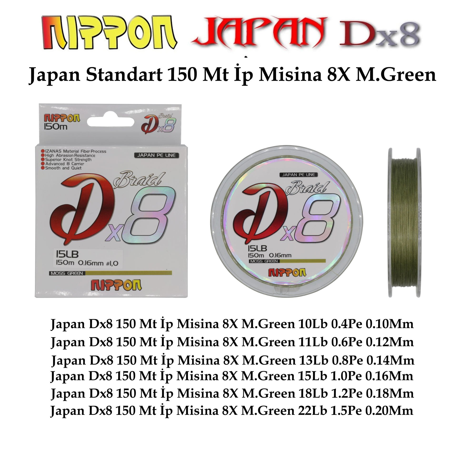 Japan Dx8 Braid 150 Mt İp Misina 8X M.Green