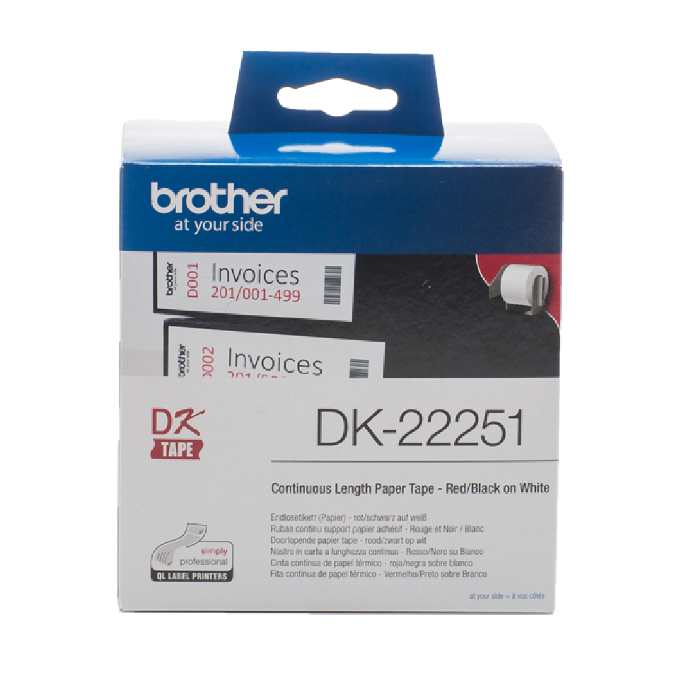 DK-22251 62mm Beyaz üzeri Kırmızı-Siyah Sürekli Form Termal Etiket, 15,24 Metre (DK Serisi)