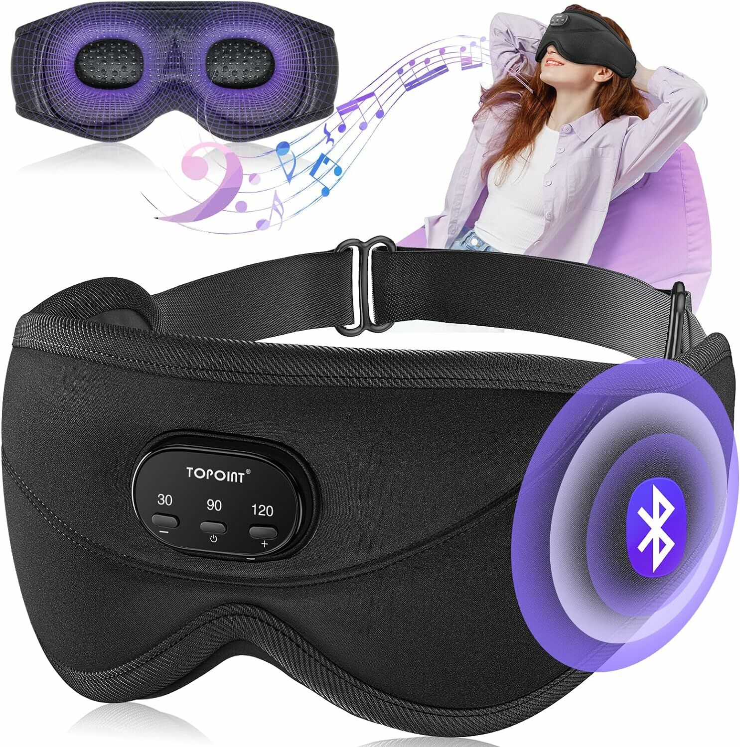 TOPOINT Uyku Kulaklıkları Bluetooth 3D Uyku Maskesi - Siyah