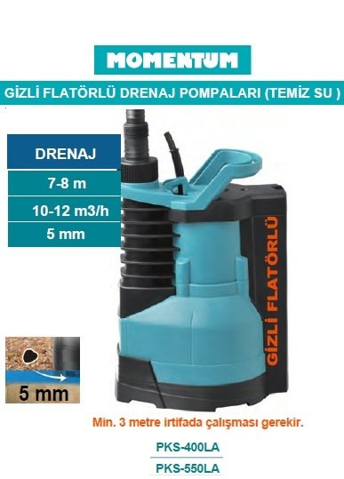 MOMENTUM PKS-400LA -400W-220V- PLASTİK GÖVDELİ İÇTEN FLATÖRLÜ TEMİZ SU DALGIÇ DRENAJ POMPASI