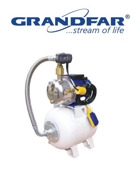 Grandfar AUTO-JetS 100-50lt 1Hp 220V Paslanmaz Çelik Jet Pompalı ve 50 Litre Yatay Tanklı Kendinden Emişli Paket Hidrofor