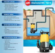 Alarko Diamond MC 750 E  1Hp 220V  PPO Gövdeli Temiz, Gri Sular ve Yağmur Suları İçin Çok Amaçlı Dalgıç Drenaj Pompa