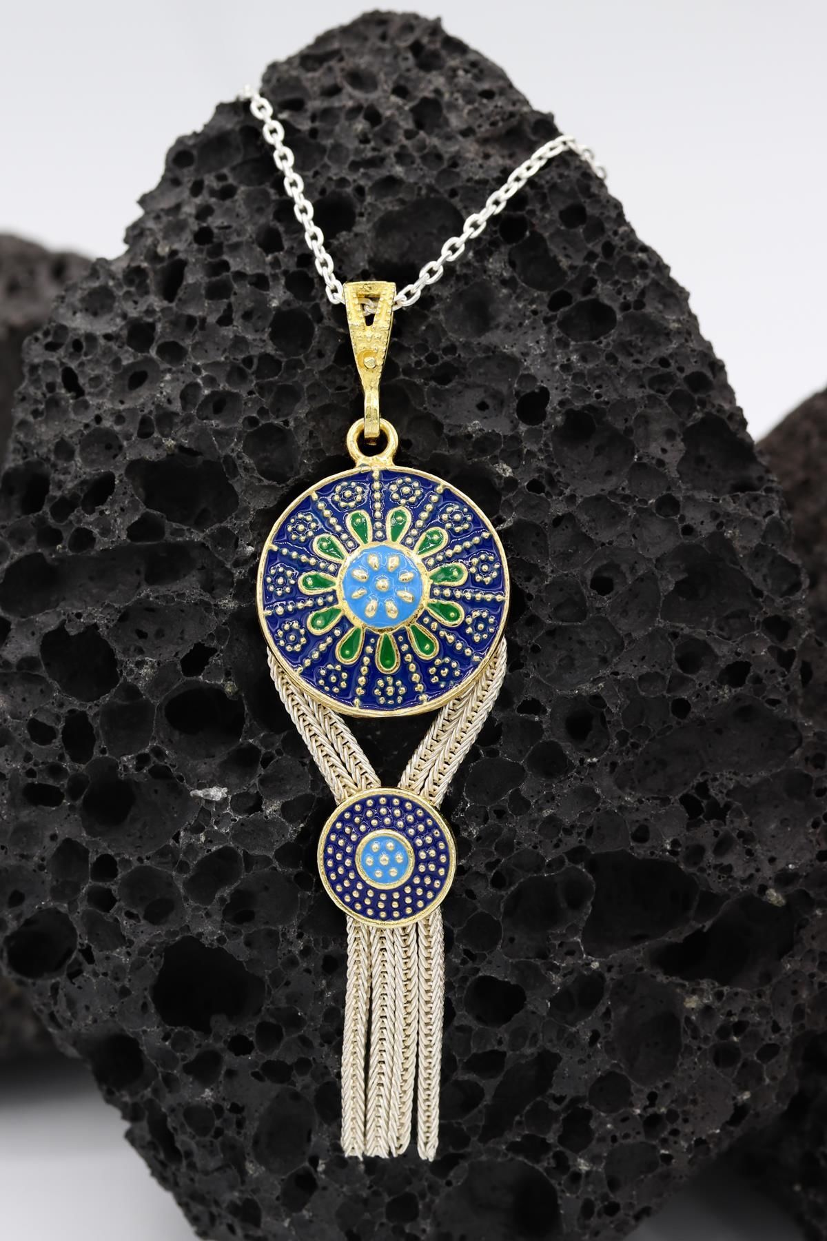 Altın Yaldızlı Mineli Mardin Hasırı Gümüş Kolye 012