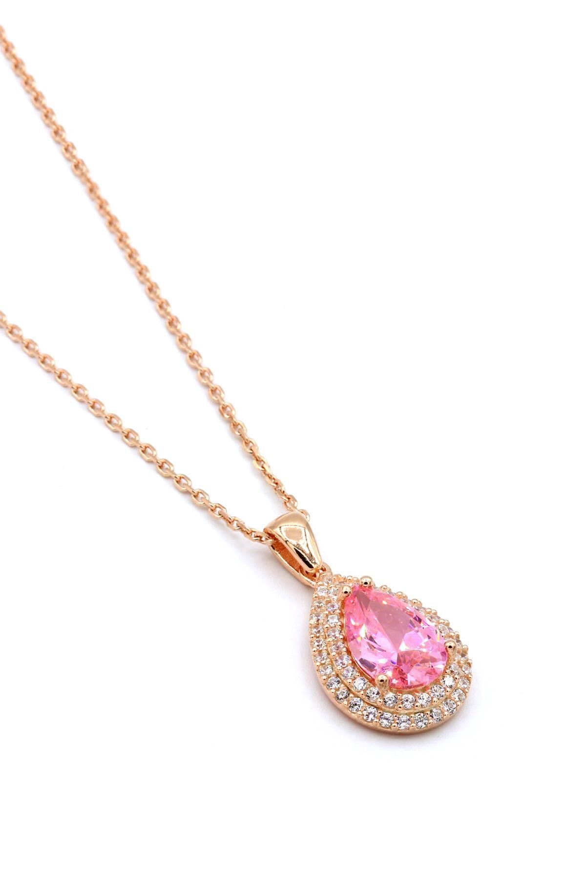 Pembe Zirkon Taşlı Damla Modeli Roz Gümüş Kolye 161