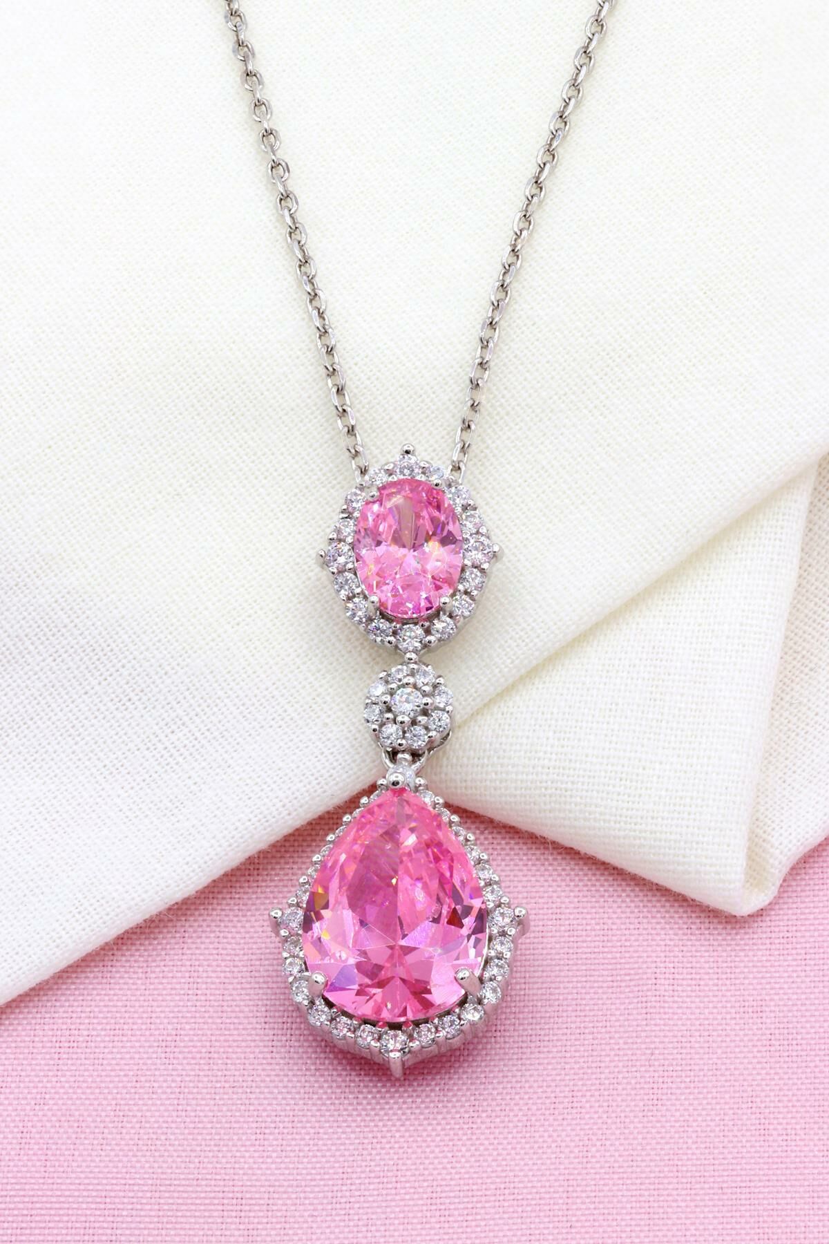 Pembe Kuvars Taşlı Damla Modeli Gümüş Kolye 326