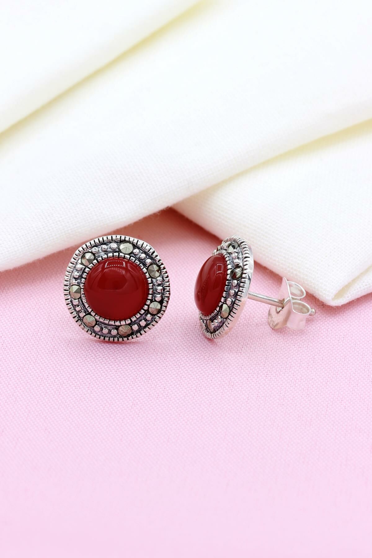 Bordo Akik Taşlı Markazit Gümüş Küpe 121