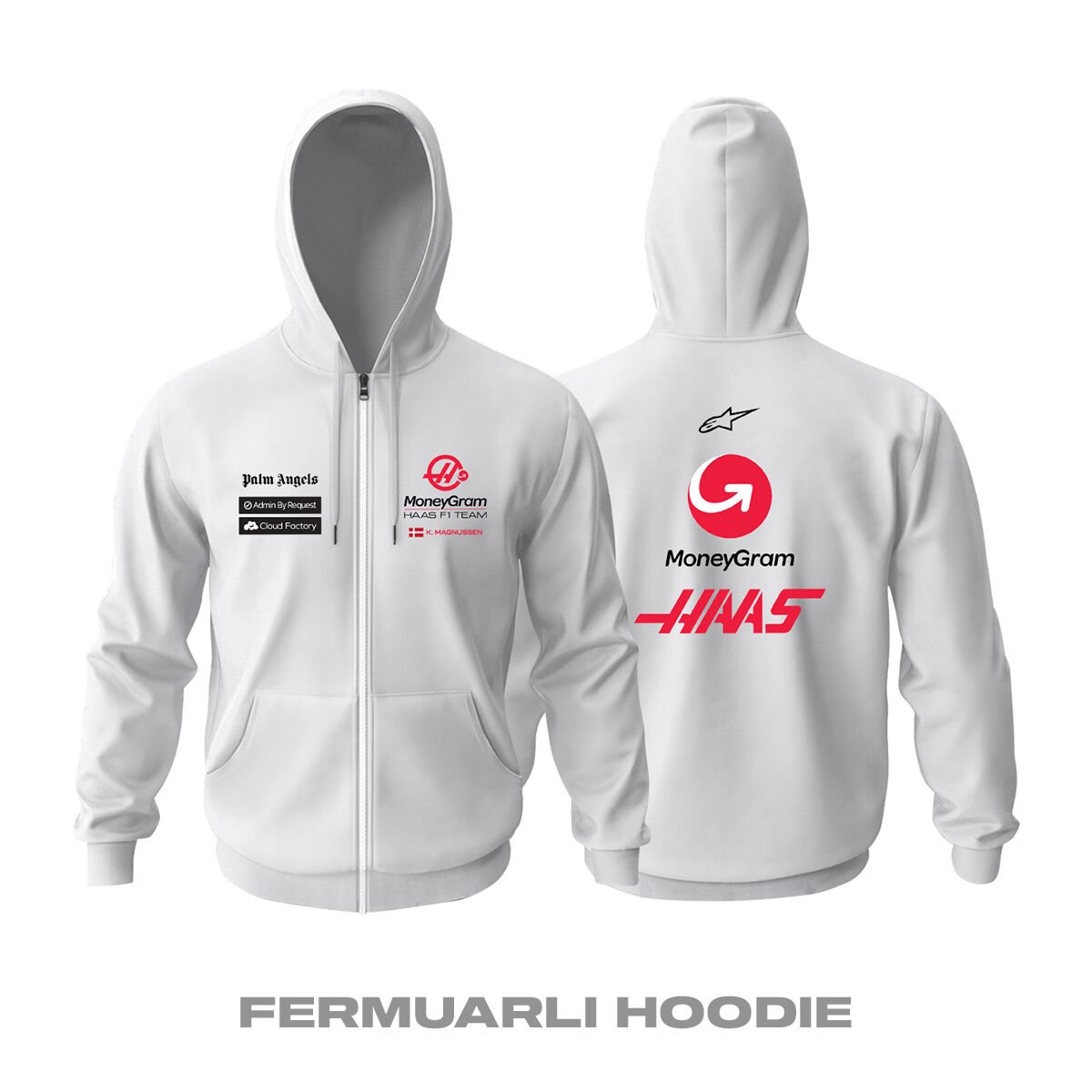 Haas F1 Team: White Edition 2023 Fermuarlı Kapüşonlu Hoodie