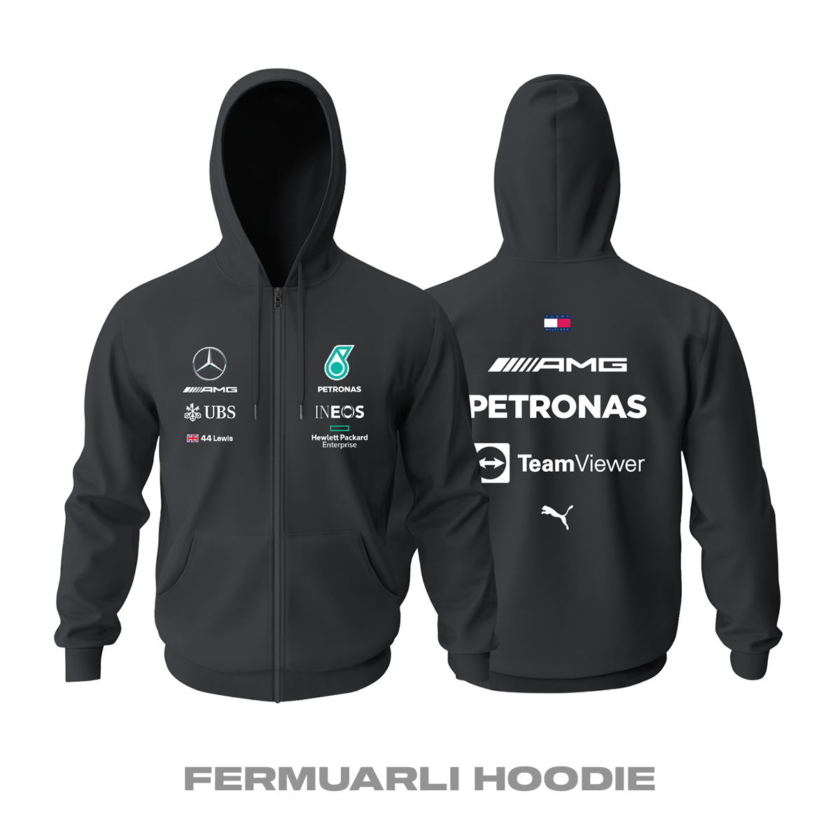 AMG Petronas F1 Team: Black Edition 2023 Fermuarlı Kapüşonlu Hoodie