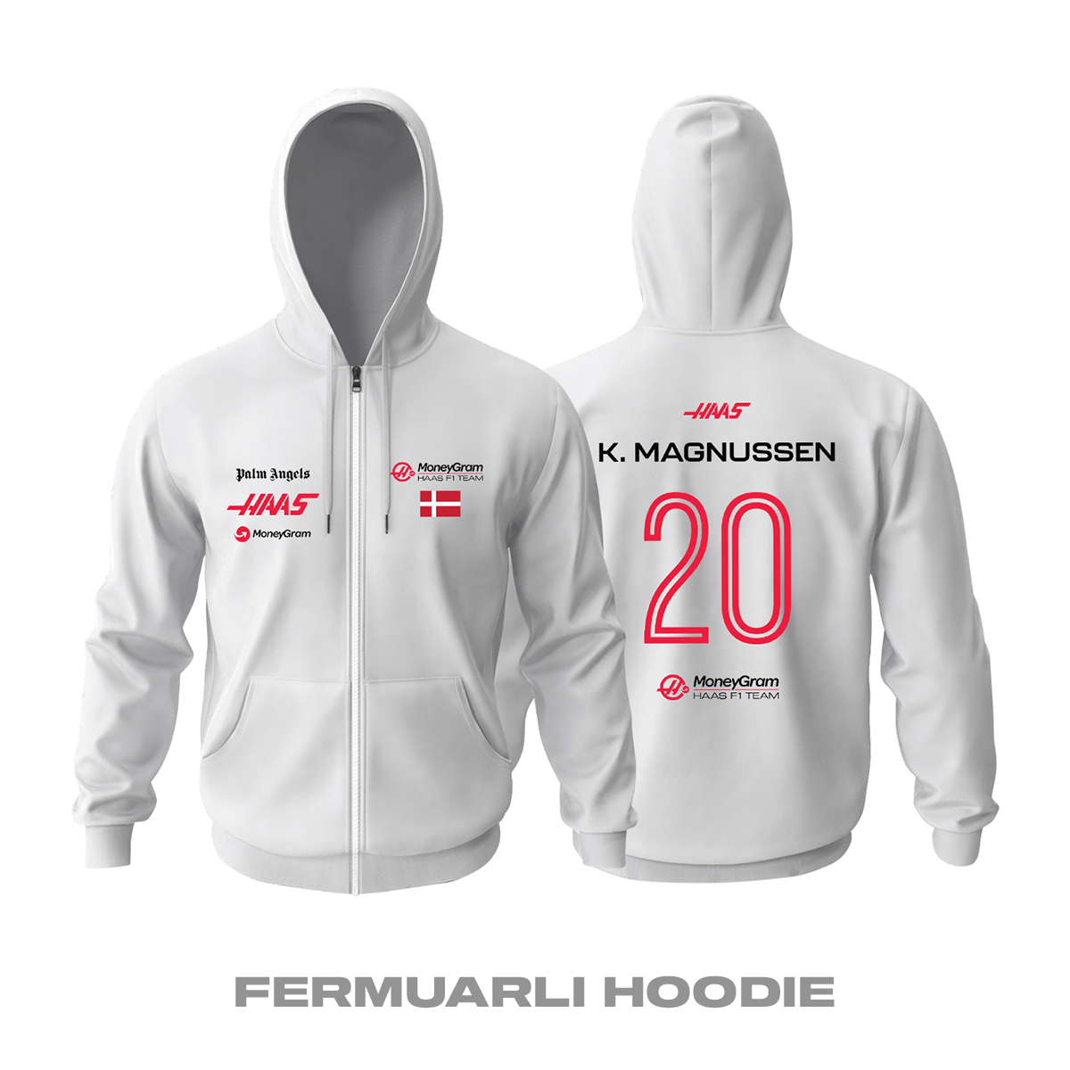 Haas F1 Team: White Crew Edition 2023 Fermuarlı Kapüşonlu Hoodie