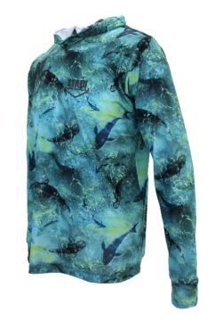 .99 Erkek Kapüşonlu, Uzun Kollu, Ultra Hafif Balıkçı Yelkenci Köpekbalığı Desenli Lime UV Korumalı Tişört